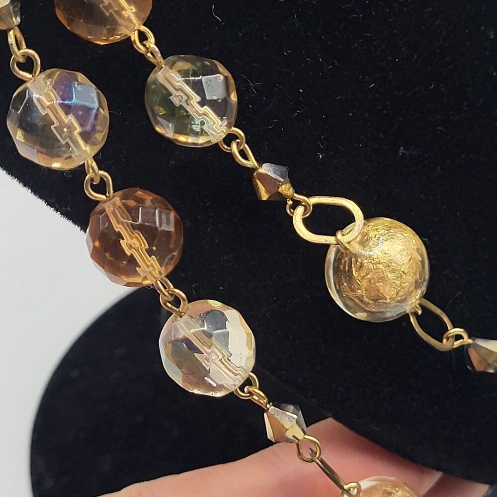 Vintage Dual-Strand Necklace Glass Foiled Faceted Beads Gold-Tone Links 21in